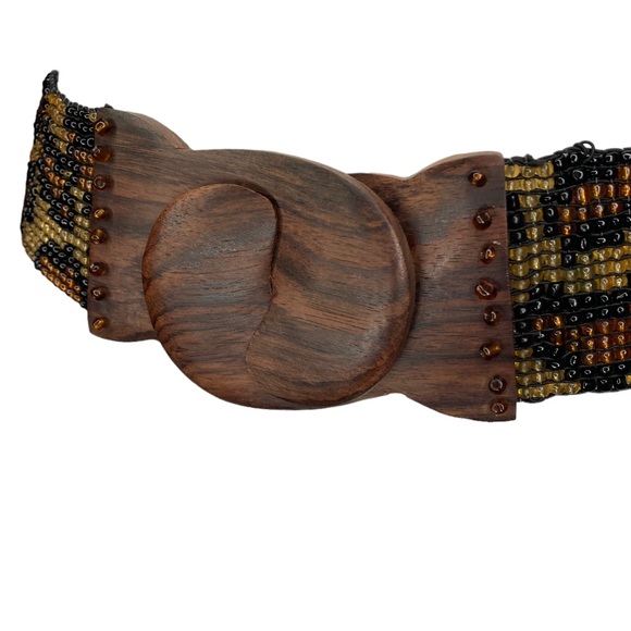 ABOUT COLOR Vintage Leopard Animal Print Wide Beaded Belt Wood Clasp Buckle, S/M - Picture 9 of 11